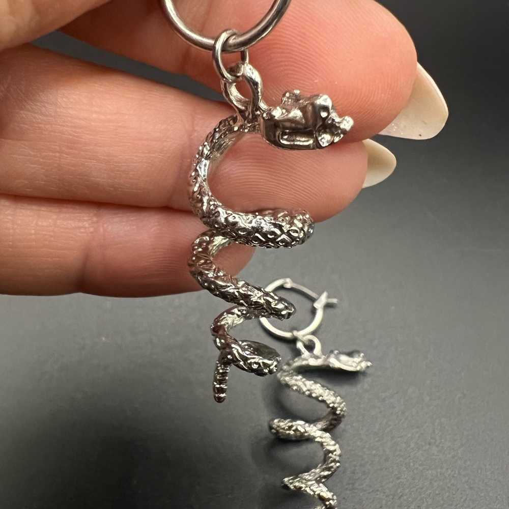 Coiled Snake Charm Silver Tone Earrings Cool Alternative